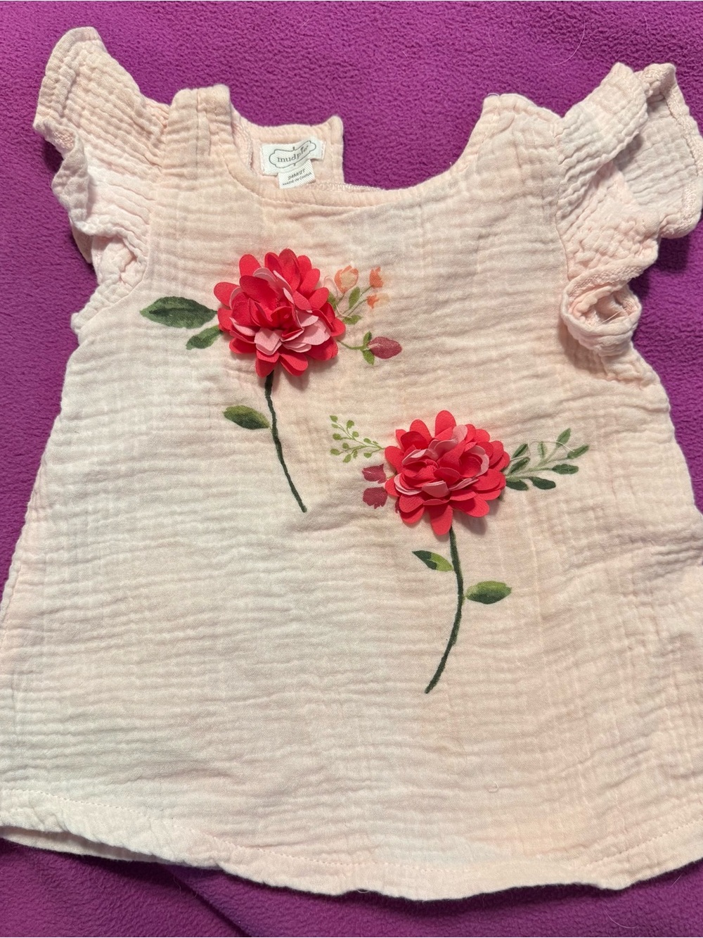 Mud Pie Pale Pink Baby Top with Red Floral Appliqué